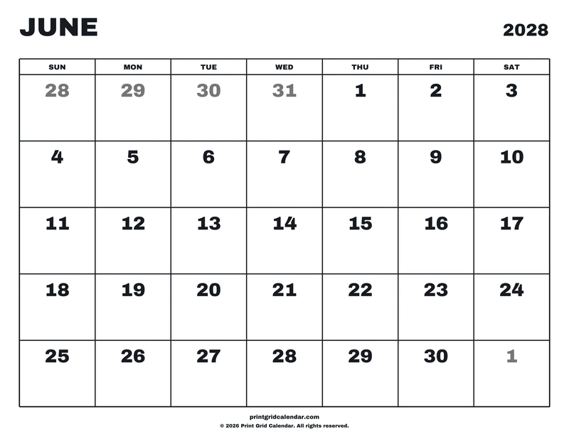 June 2028 Calendar — Big statement — US Letter · Landscape · Sunday start
