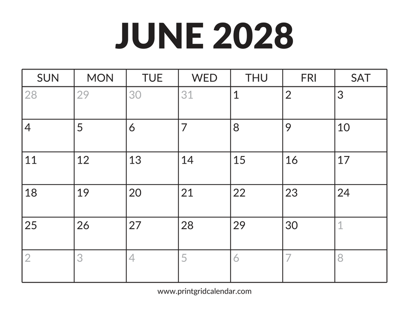 June 2028 Calendar — Bold Display — US Letter · Landscape · Sunday start