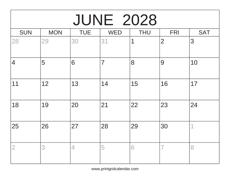 June 2028 Calendar — Classic Frame — US Letter · Landscape · Sunday start