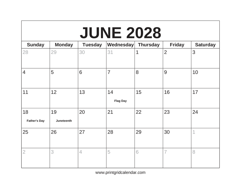 June 2028 Calendar — US Holidays & Observances — US Letter · Landscape · Sunday start