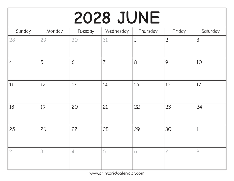 June 2028 Calendar — Rounded Outline — US Letter · Landscape · Sunday start