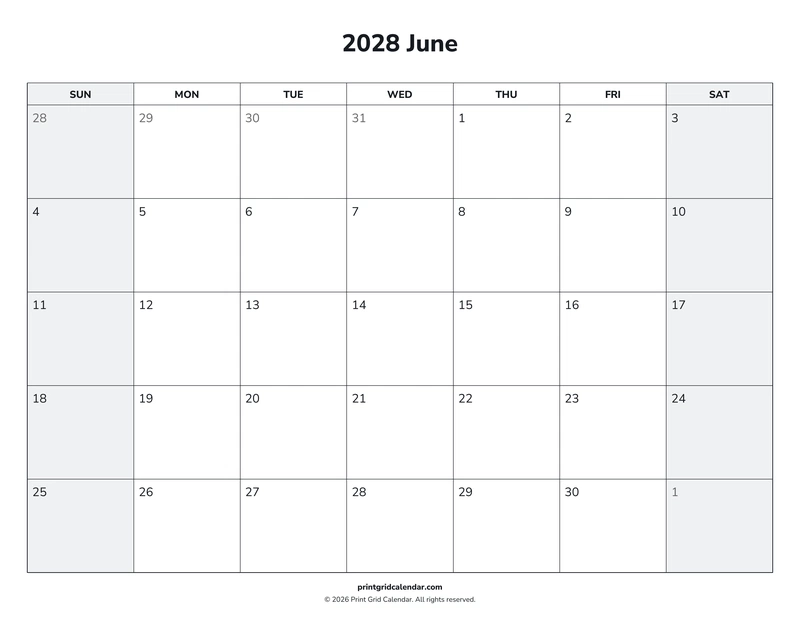 June 2028 Calendar — Weekend rhythm — US Letter · Landscape · Sunday start