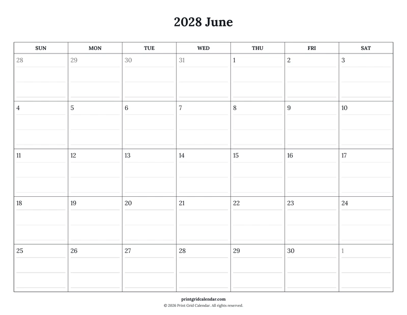 June 2028 Calendar — Ruled journal — US Letter · Landscape · Sunday start