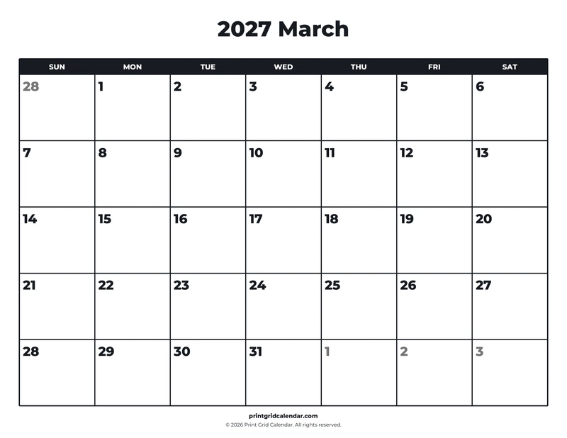 March 2027 Calendar — Bold essentials — US Letter · Landscape · Sunday start