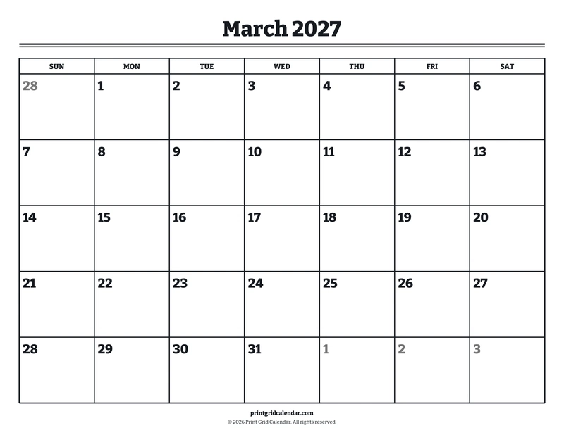 March 2027 Calendar — Bookish bold — US Letter · Landscape · Sunday start