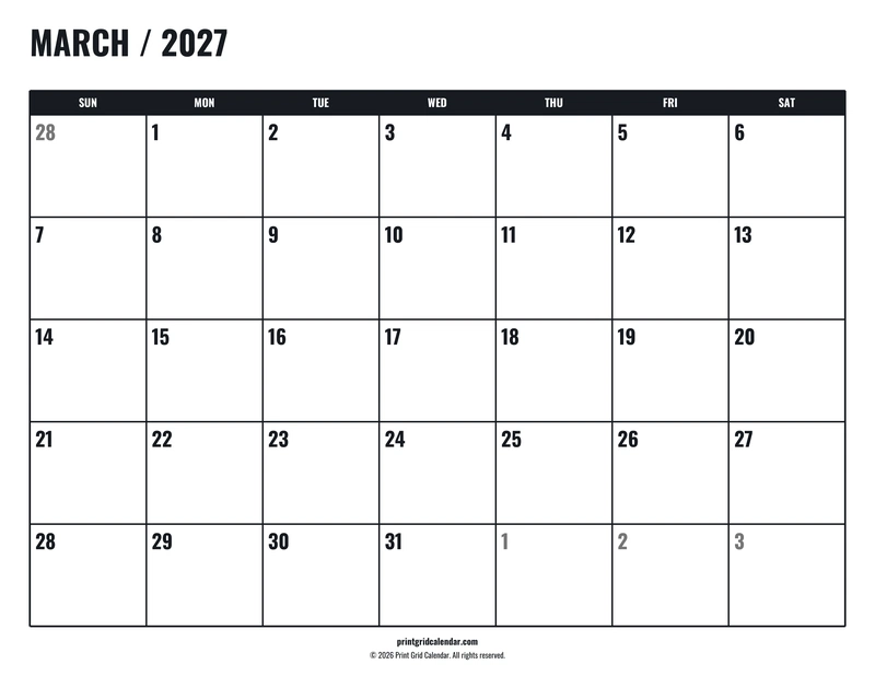 March 2027 Calendar — Tall workspace — US Letter · Landscape · Sunday start
