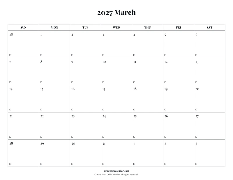 March 2027 Calendar — Editorial checklist — US Letter · Landscape · Sunday start