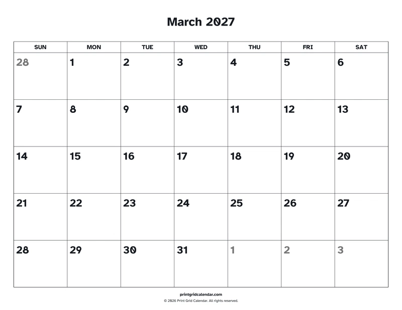 March 2027 Calendar — Easy read — US Letter · Landscape · Sunday start