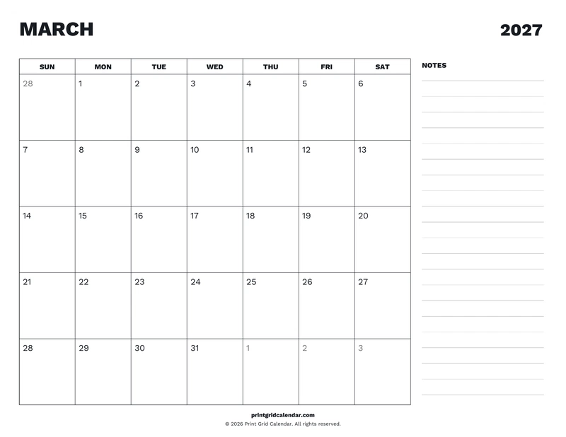 March 2027 Calendar — Desk notes — US Letter · Landscape · Sunday start