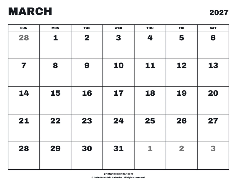 March 2027 Calendar — Big statement — US Letter · Landscape · Sunday start