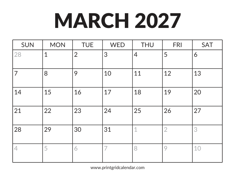 March 2027 Calendar — Bold Display — US Letter · Landscape · Sunday start