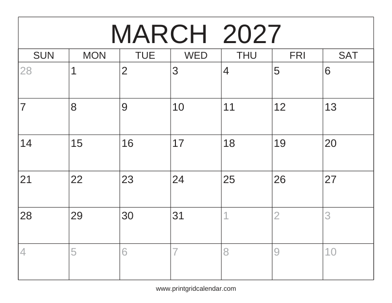 March 2027 Calendar — Classic Frame — US Letter · Landscape · Sunday start