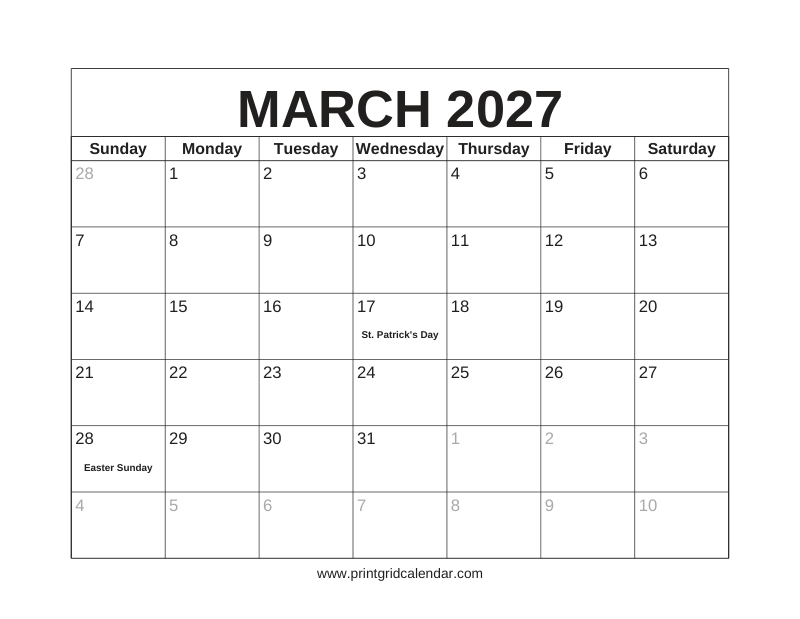 March 2027 Calendar — US Holidays & Observances — US Letter · Landscape · Sunday start