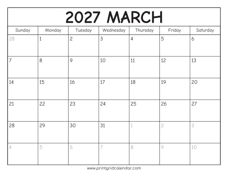 March 2027 Calendar — Rounded Outline — US Letter · Landscape · Sunday start