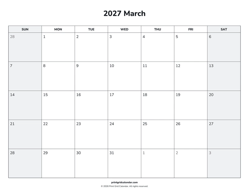 March 2027 Calendar — Weekend rhythm — US Letter · Landscape · Sunday start