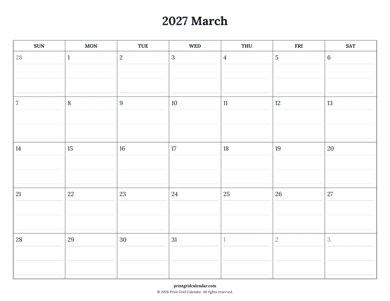 March 2027 Calendar — Ruled journal — US Letter · Landscape · Sunday start