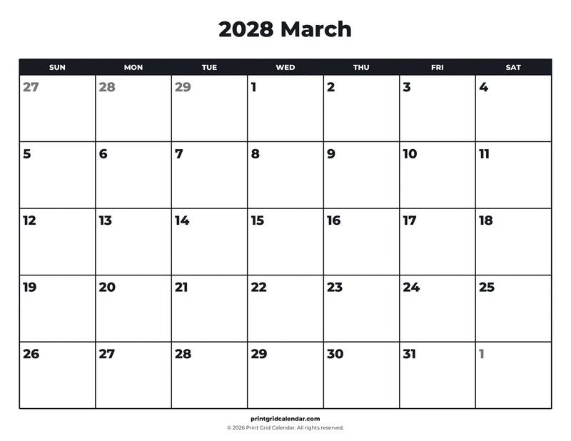 March 2028 Calendar — Bold essentials — US Letter · Landscape · Sunday start