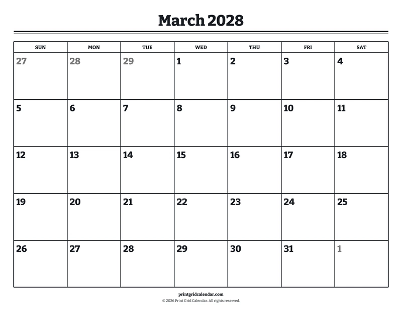 March 2028 Calendar — Bookish bold — US Letter · Landscape · Sunday start