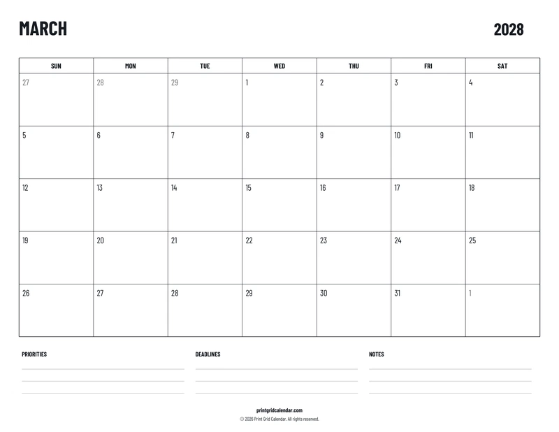 March 2028 Calendar — Plans below — US Letter · Landscape · Sunday start