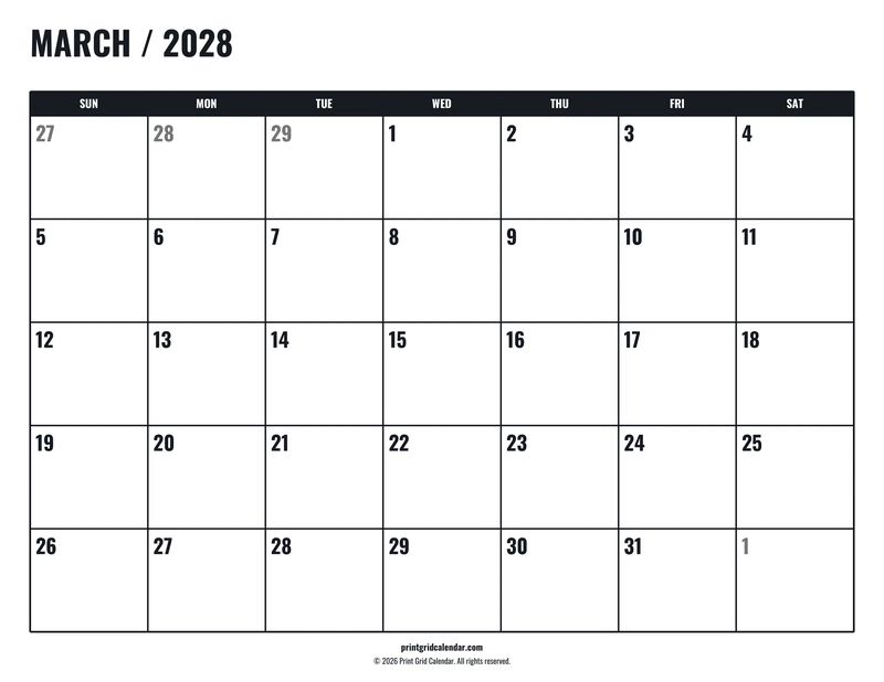 March 2028 Calendar — Tall workspace — US Letter · Landscape · Sunday start
