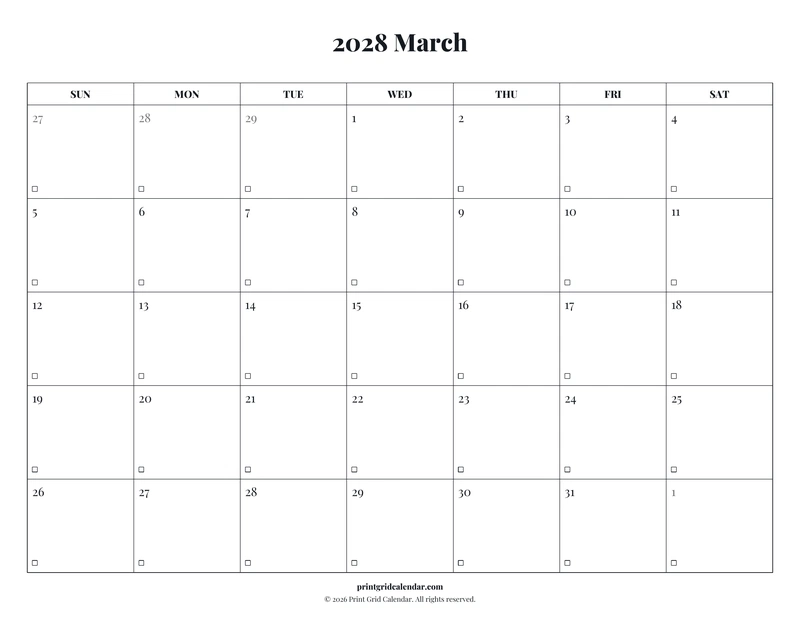 March 2028 Calendar — Editorial checklist — US Letter · Landscape · Sunday start