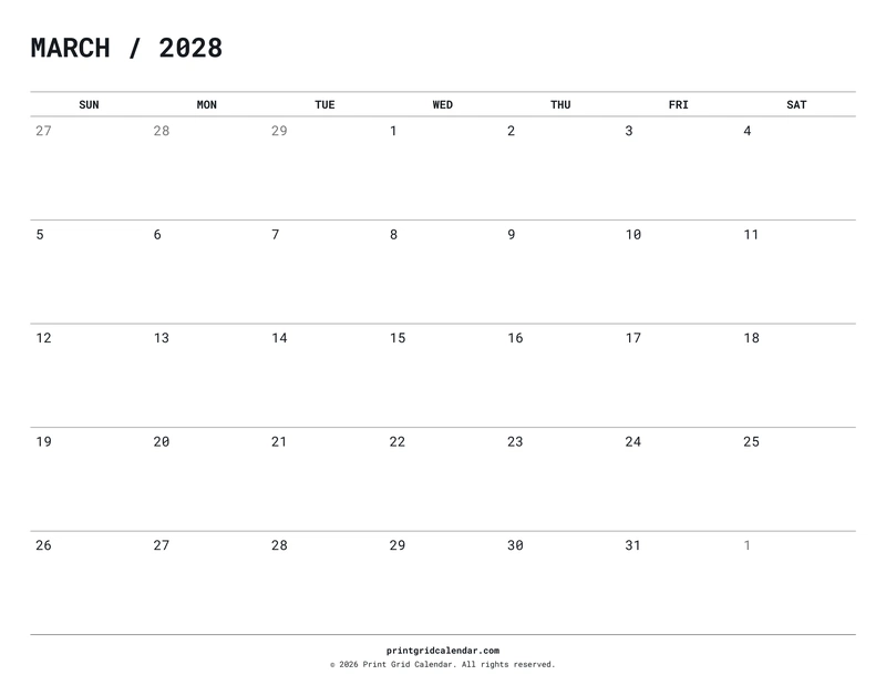 March 2028 Calendar — Quiet minimal — US Letter · Landscape · Sunday start