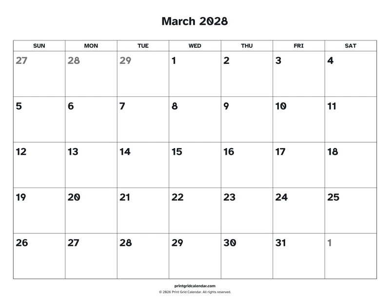 March 2028 Calendar — Easy read — US Letter · Landscape · Sunday start