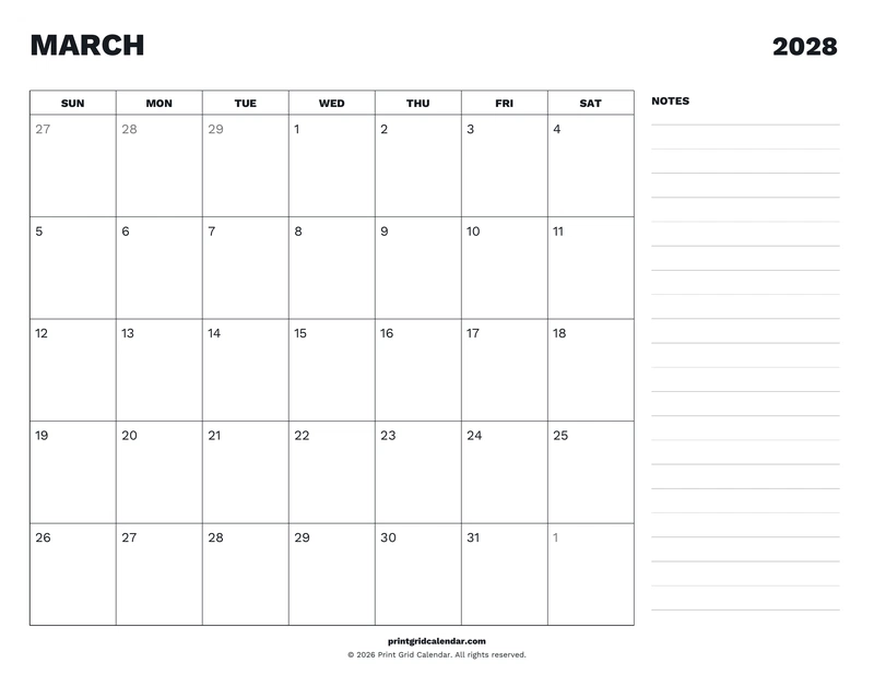 March 2028 Calendar — Desk notes — US Letter · Landscape · Sunday start