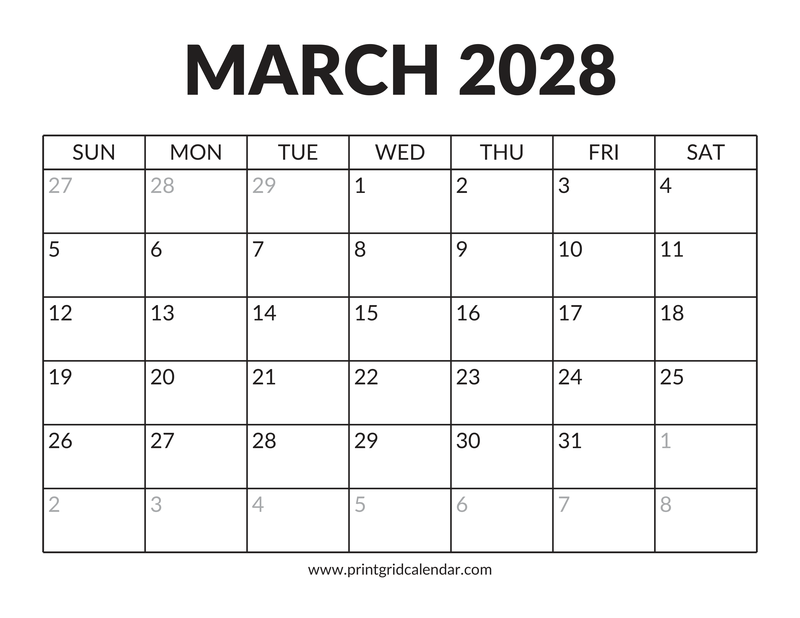 March 2028 Calendar — Bold Display — US Letter · Landscape · Sunday start
