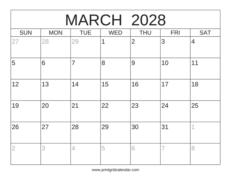 March 2028 Calendar — Classic Frame — US Letter · Landscape · Sunday start