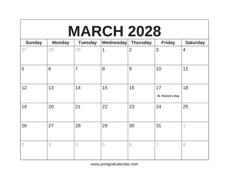 March 2028 Calendar — US Holidays & Observances — US Letter · Landscape · Sunday start