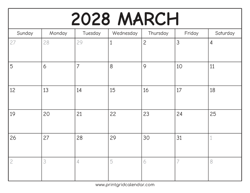 March 2028 Calendar — Rounded Outline — US Letter · Landscape · Sunday start