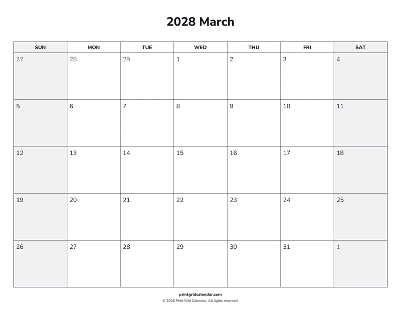 March 2028 Calendar — Weekend rhythm — US Letter · Landscape · Sunday start