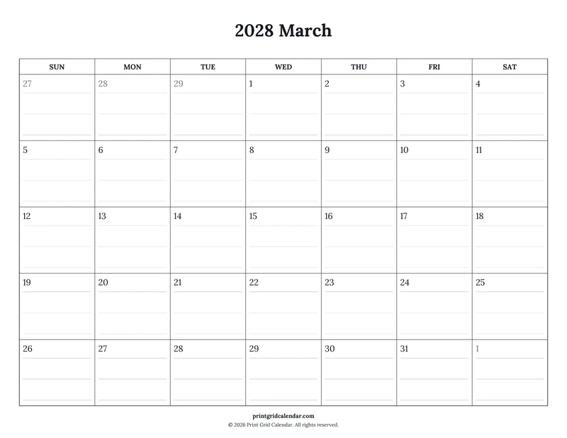 March 2028 Calendar — Ruled journal — US Letter · Landscape · Sunday start