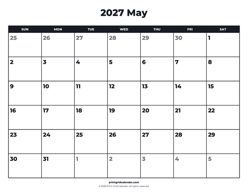 May 2027 Calendar — Bold essentials — US Letter · Landscape · Sunday start