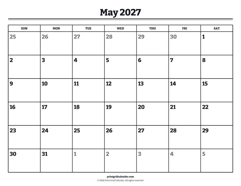 May 2027 Calendar — Bookish bold — US Letter · Landscape · Sunday start