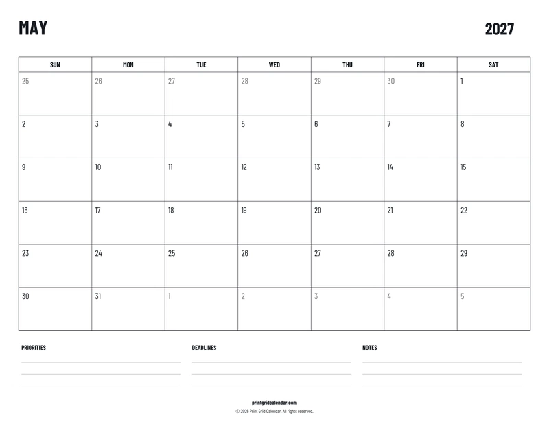 May 2027 Calendar — Plans below — US Letter · Landscape · Sunday start