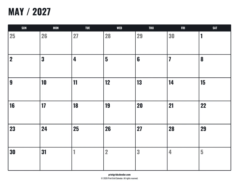 May 2027 Calendar — Tall workspace — US Letter · Landscape · Sunday start