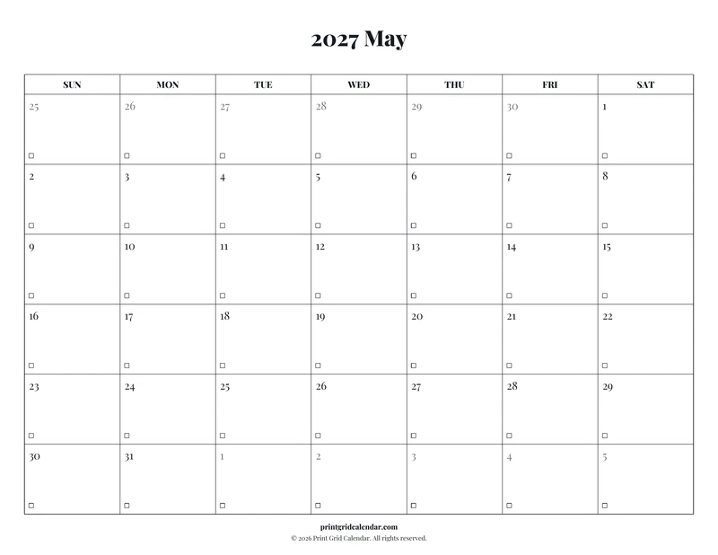 May 2027 Calendar — Editorial checklist — US Letter · Landscape · Sunday start