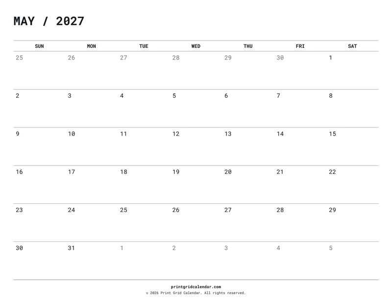 May 2027 Calendar — Quiet minimal — US Letter · Landscape · Sunday start