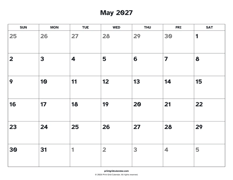May 2027 Calendar — Easy read — US Letter · Landscape · Sunday start