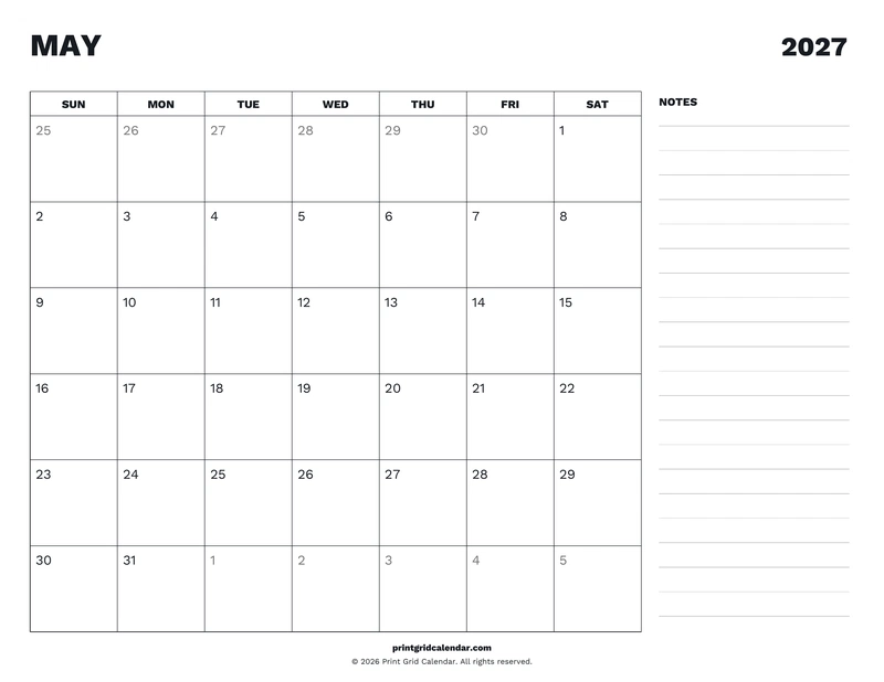 May 2027 Calendar — Desk notes — US Letter · Landscape · Sunday start