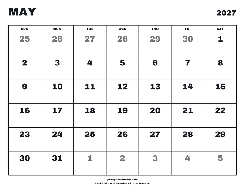 May 2027 Calendar — Big statement — US Letter · Landscape · Sunday start