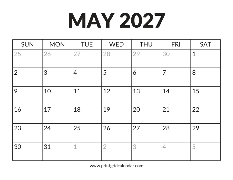 May 2027 Calendar — Bold Display — US Letter · Landscape · Sunday start