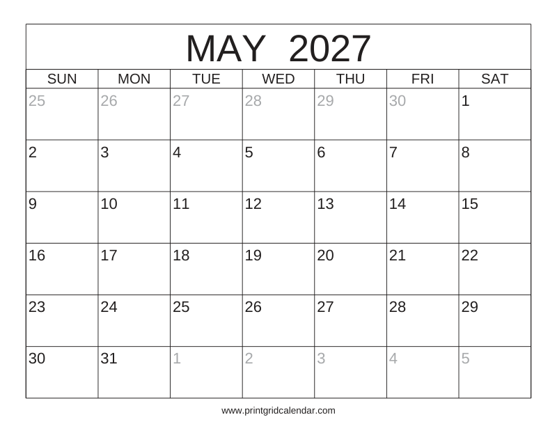 May 2027 Calendar — Classic Frame — US Letter · Landscape · Sunday start