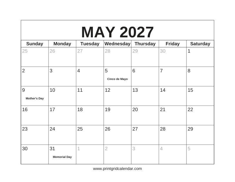 May 2027 Calendar — US Holidays & Observances — US Letter · Landscape · Sunday start