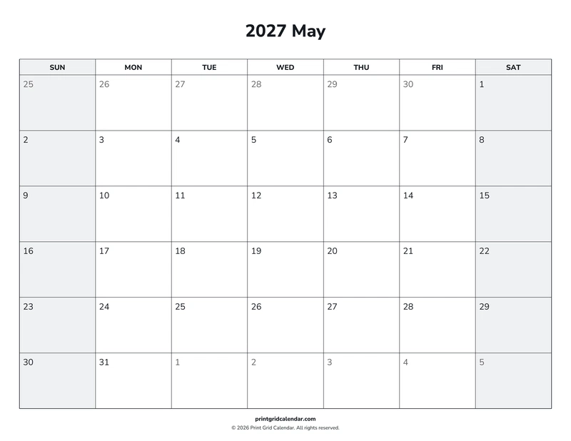 May 2027 Calendar — Weekend rhythm — US Letter · Landscape · Sunday start