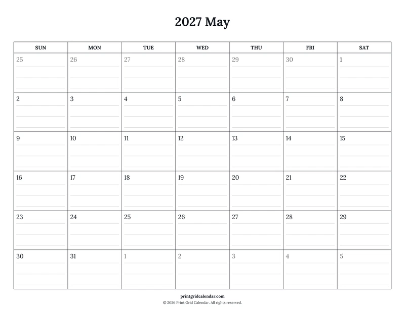 May 2027 Calendar — Ruled journal — US Letter · Landscape · Sunday start