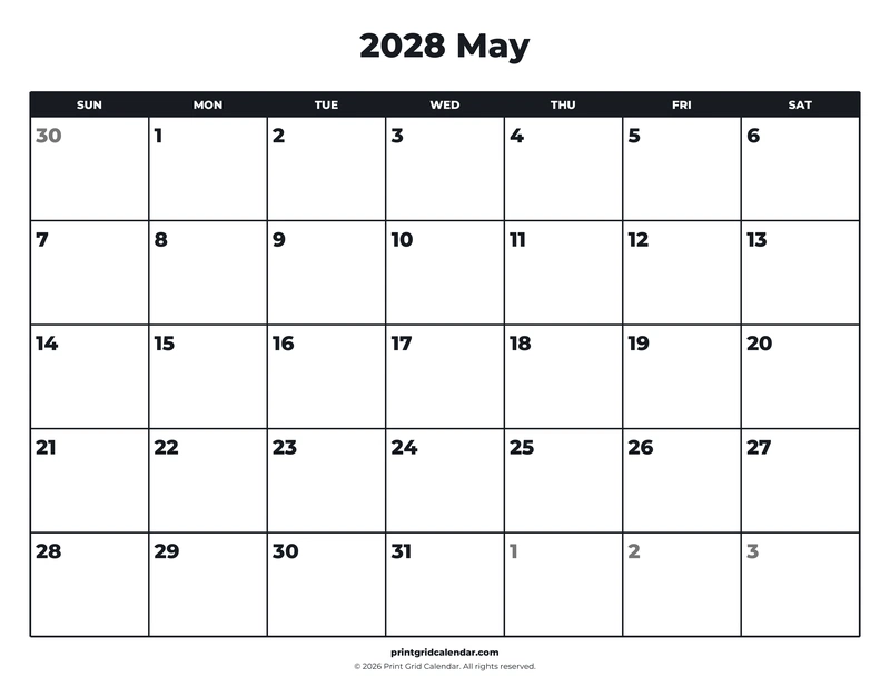 May 2028 Calendar — Bold essentials — US Letter · Landscape · Sunday start