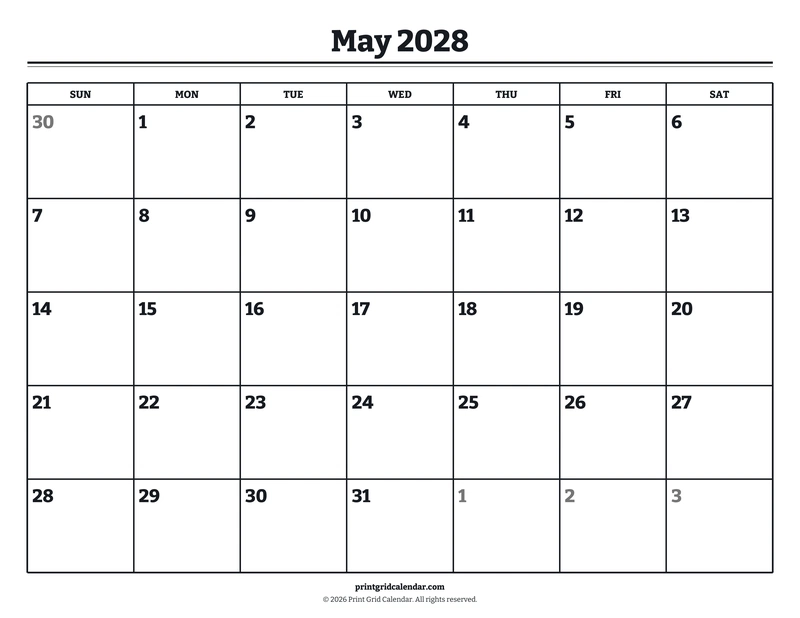 May 2028 Calendar — Bookish bold — US Letter · Landscape · Sunday start